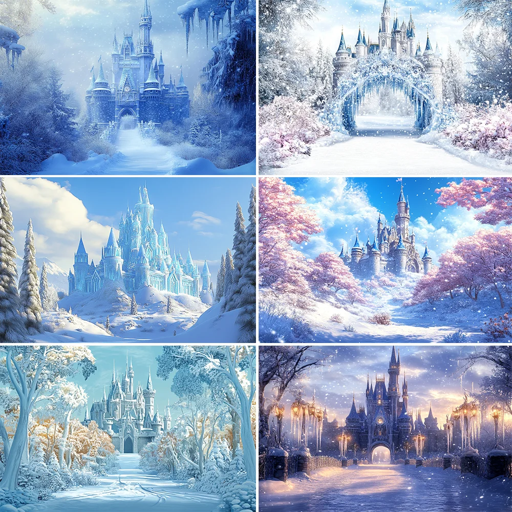 

Winter Frozen World Castle Theme Background Decoration Birthday Party Girl Princess Wonderland Snowflake Photography Banner Gift