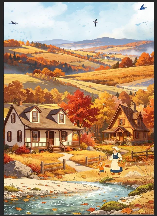 DIY Autumn Rural Landscape Washi Tape, Fall Field Stream Countryside Scenery Journaling Masking Tape for Scrapbooking Decor