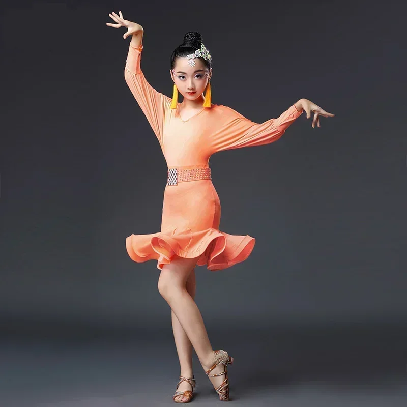 

Kids Latin Dress Costume children competition Ballroom Dance Spandex for Girls Salsa Rumba Cha Cha Samba Tango ruffle skirts