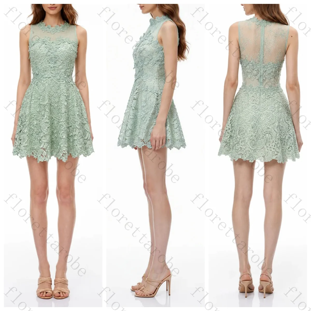 Customized High Neck Sleeveless Rhinestone Lace Mini Dress Sheer Mesh Patchwork A Line Zipper Back Short Elegant Cocktail Dress