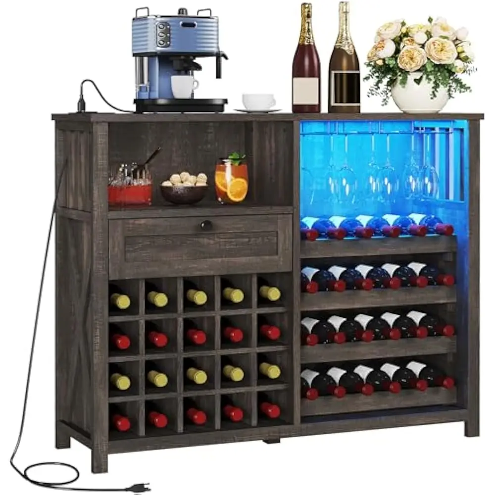 

Wine Bar Cabinet w/Led Light Power Outlet, Home Coffee Cabinet & Wine and Glass Rack, Kitchen Buffet Sideboard & Storage Shelves