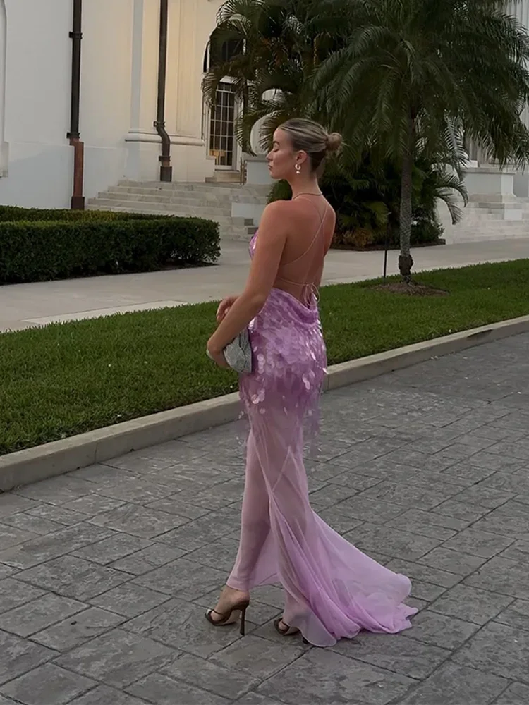 فستان رسن شبكي مزين بالترتر بحمالات على شكل حرف v بقصة ضيقة مثير بدون ظهر لامع للنساء على الشاطئ وحزام ذيل السمكة فساتين طويلة فستان اجتماعي #6
