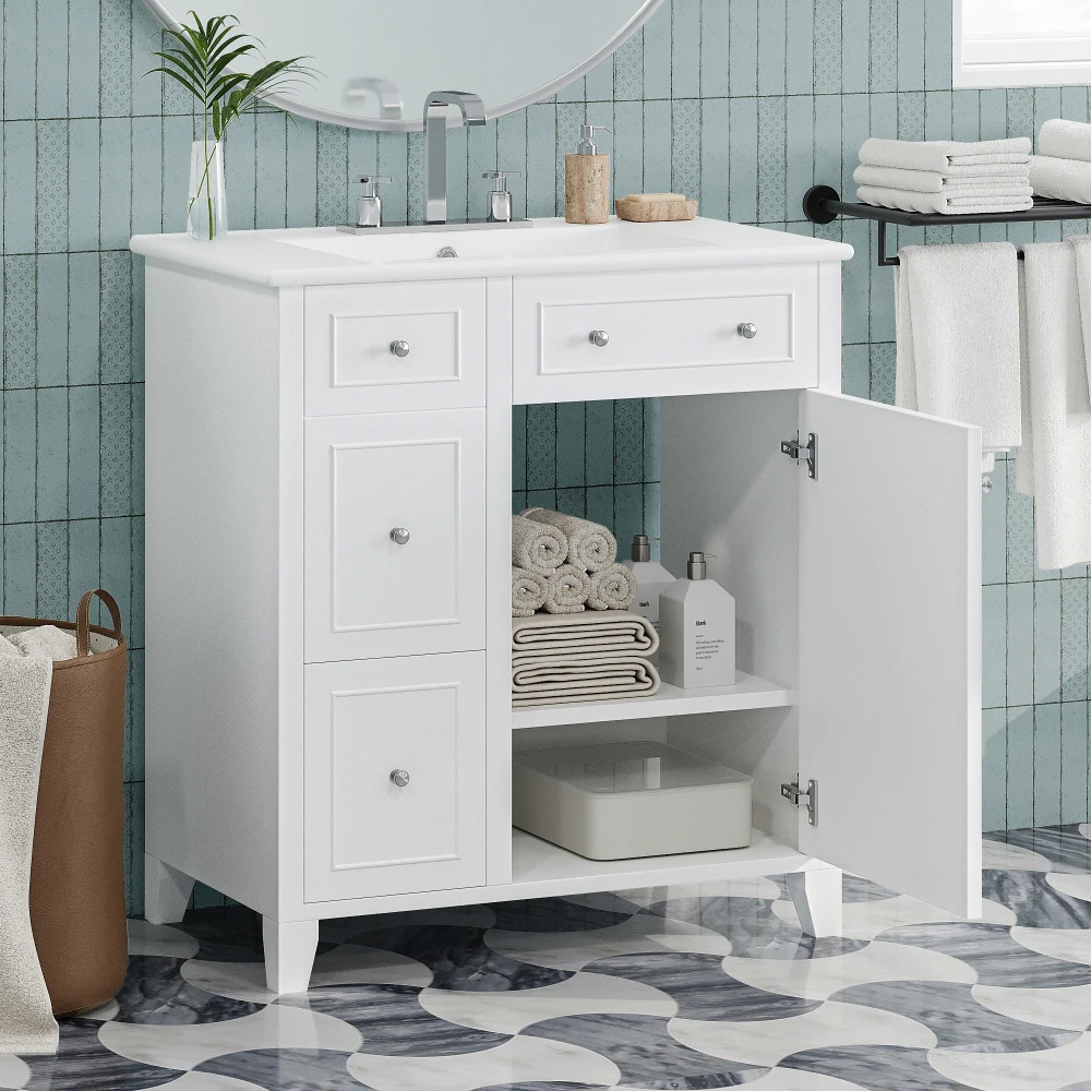 30-Inch Bathroom Vanity Cabinet with Ceramic Basin, Double-Layer Drawer, Deep Drawer and Adjustable Shelf