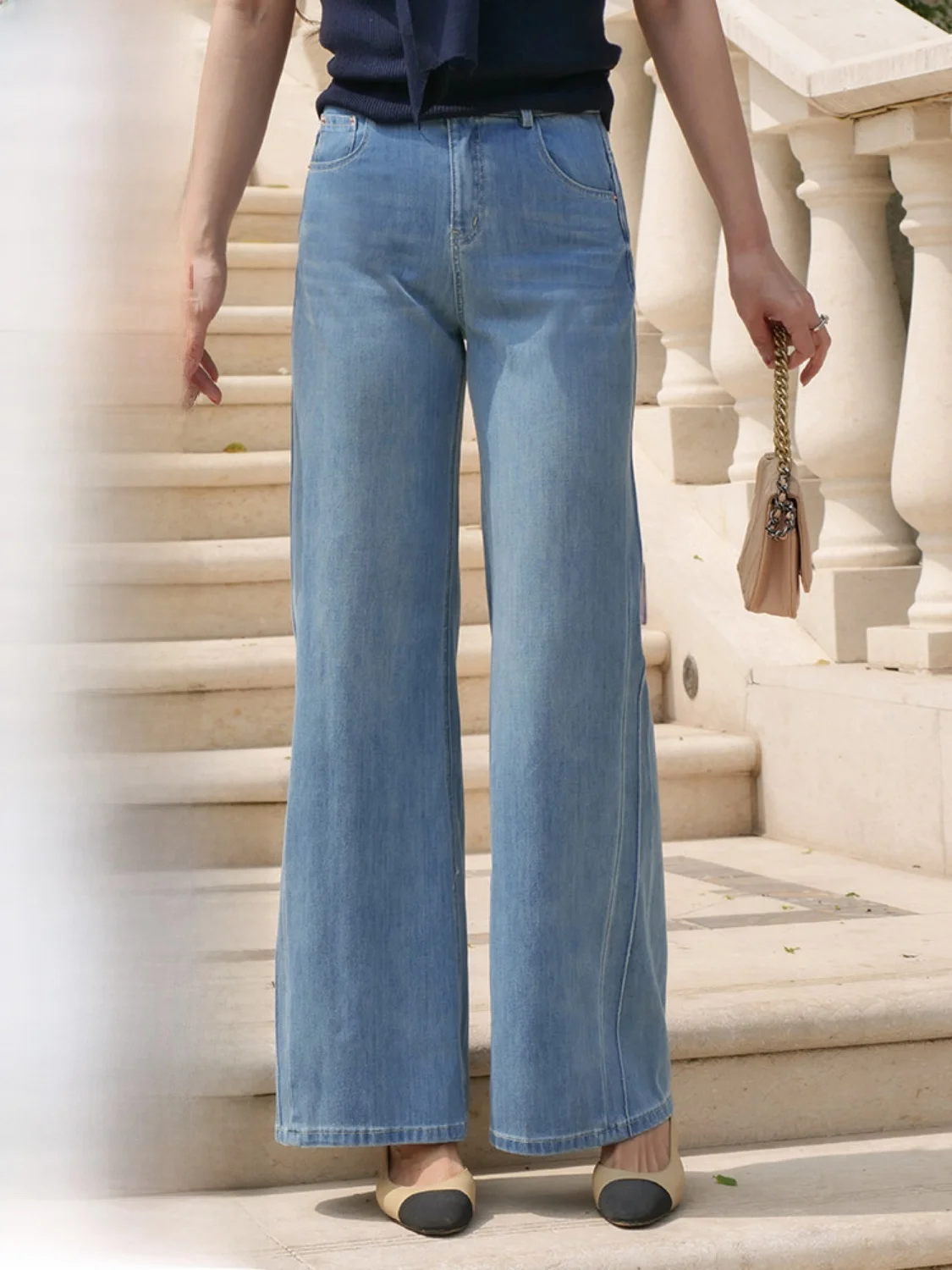 

Джинсы с высокой талией и широкими штанинами, светло-голубые, летние, из тонкого хлопка, повседневные, свободного кроя, длинные брюки, женские, модные, больших размеров