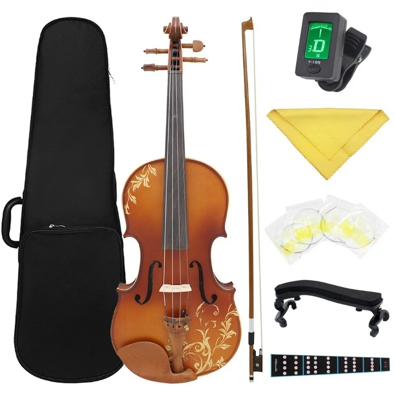 Violín de Madera 4/4 con Panel de Abeto, Violines Tallados, Set de Práctica para Adultos y Niños, Violines de Nivel Inicial para Principiantes con Bolsa de Almacenamiento