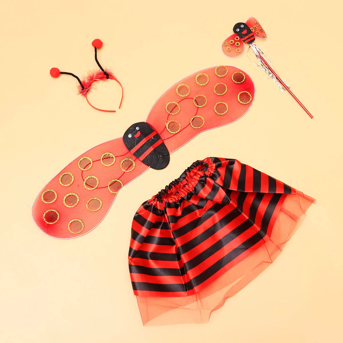 4피스 어린이 벌 의상 세트 날개 요술봉 머리띠 치마 가벼운 무대 공연 생일 파티 드레스업 벌 날개
