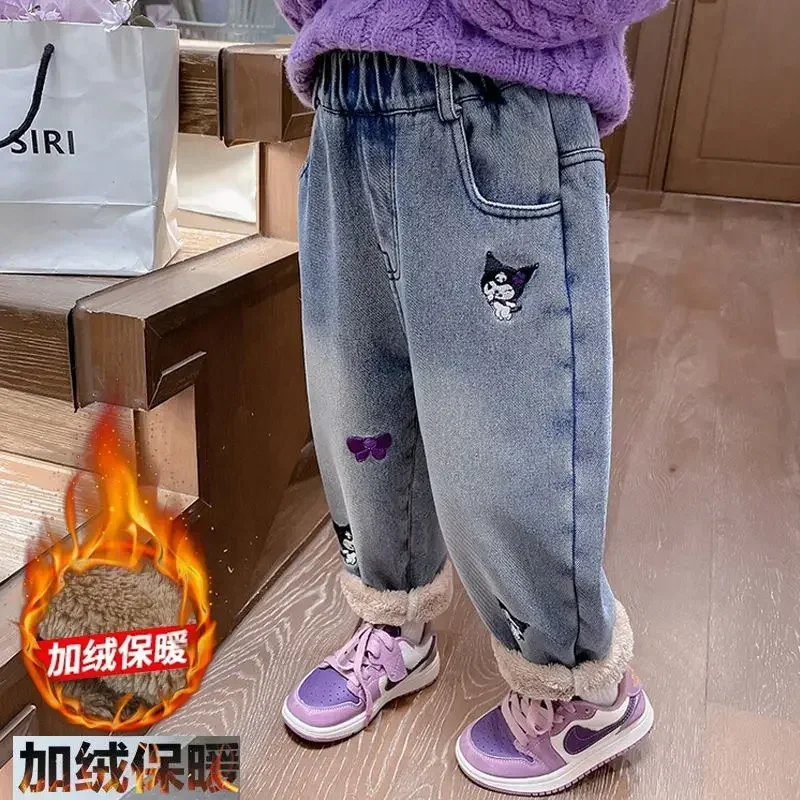 

Kuromi Anime Sanrio Ins Kawaii Fleece Thick Jeans Winter Cute Cartoon Children Cotton Pants Warm Clothing Gifts for Kids