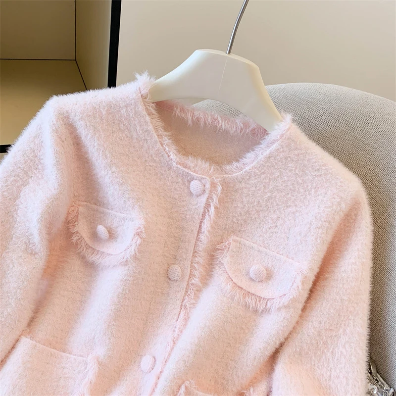 Cárdigan de punto elegante para mujer, suéter con bordes crudos y borlas de pequeña fragancia para otoño e invierno, prendas de vestir femeninas dulces con botones de manga larga elegantes