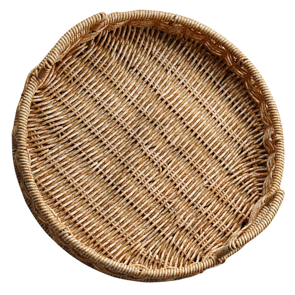 Round Plastic Woven Bread Basket Imitation Rattan Storage Organizer Large Capacity Snack Tray for Home Hotel Coffee Shop