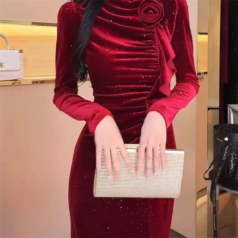 Advanced Ladies Long Sleeves Vestidos French Female Light Luxury Velvet  Long Dresses Spring Autumn Women Solid Color Maxi Dress
