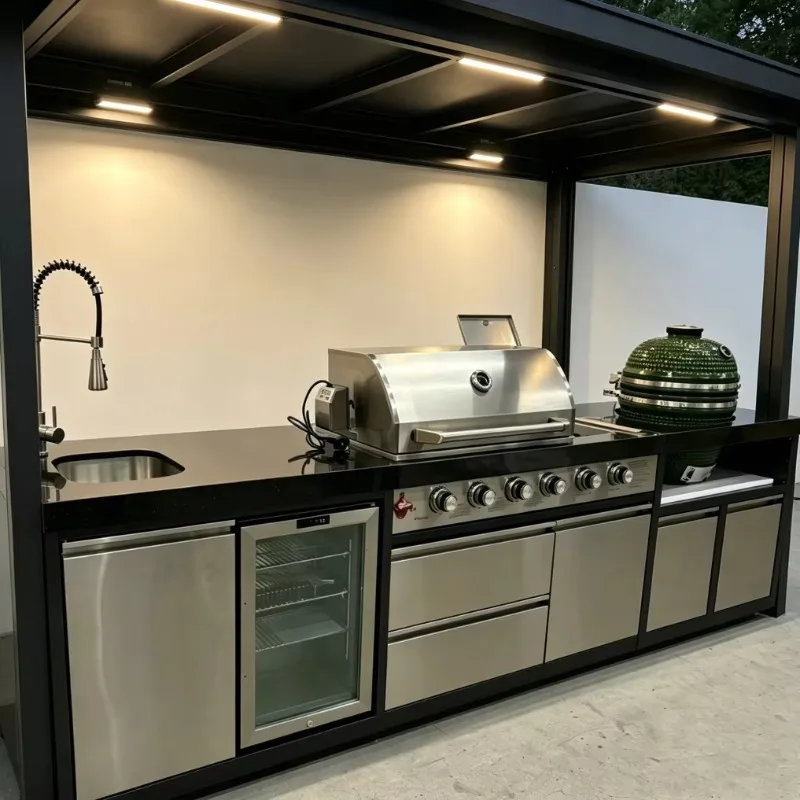 All-in-One Outdoor Kitchen BBQ Gas Grill with Sink and Kamado 304 Stainless Steel Patio Garden Modular Cooking Station CE
