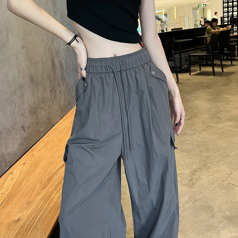 

XIZOU Retro American Quick Dry Work Pants Women Summer Ice Silk Trousers Multi Pocket Climbing Mountain Sports Wide Leg Trousers