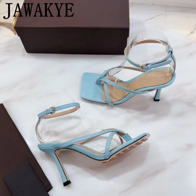 2022 Summer Luxury Women High Heels Clip Toe Leather Square Toe Sandals Party Slingback For Women Ribbon Pumps Women Shoes mujer