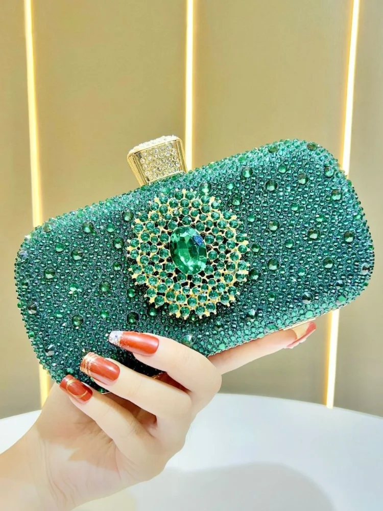 

Luxury Small Emerald Rhinestone Wedding Purse Clutch for Women High-end Box Shape Evening Bag Elegant Handbag Chain Shoulder Bag