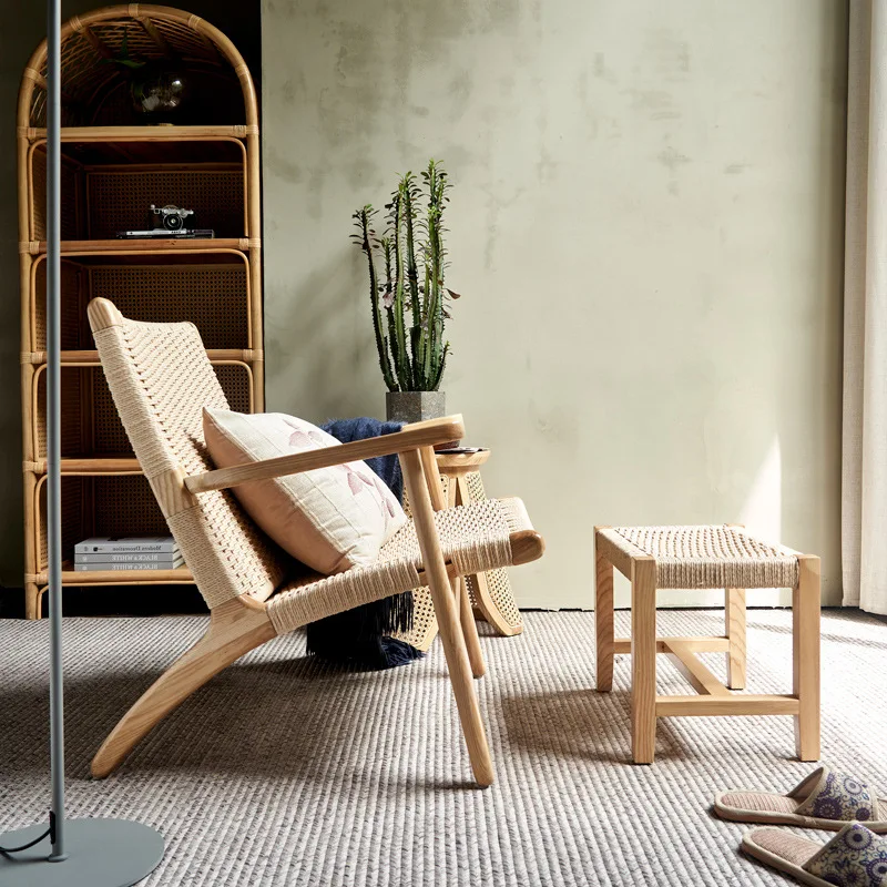 

Nordic Balcony Leisure Chair Rope Modern Simple Living Room Solid Wood Sofa Chair Hotel Homestay Ash Wood Back Chair