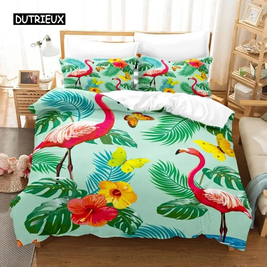 

Flamingo Duvet Cover Set Palm Leaf Bedding Set Flower Tropical Botanical Hawaiian Island Floral Queen King Quilt Cover