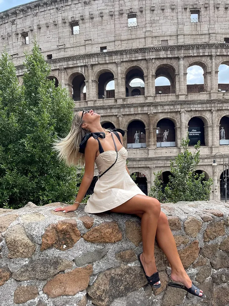 

Women's Elegant Bow Embellished Clash Colour Halter Dress Sexy Stacked Embellished Wrap Mini Dresses Women's Short Dresses