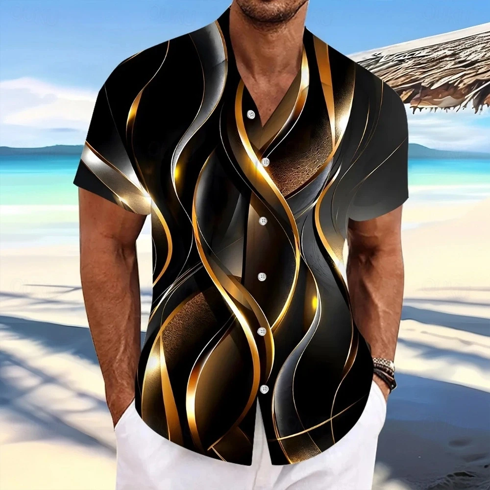 

New Men's Gradient Line Wave Abstract Art 3D Shirt Button Short Sleeve Hawaiian Shirt Casual Street Style Spring Summer Clothing