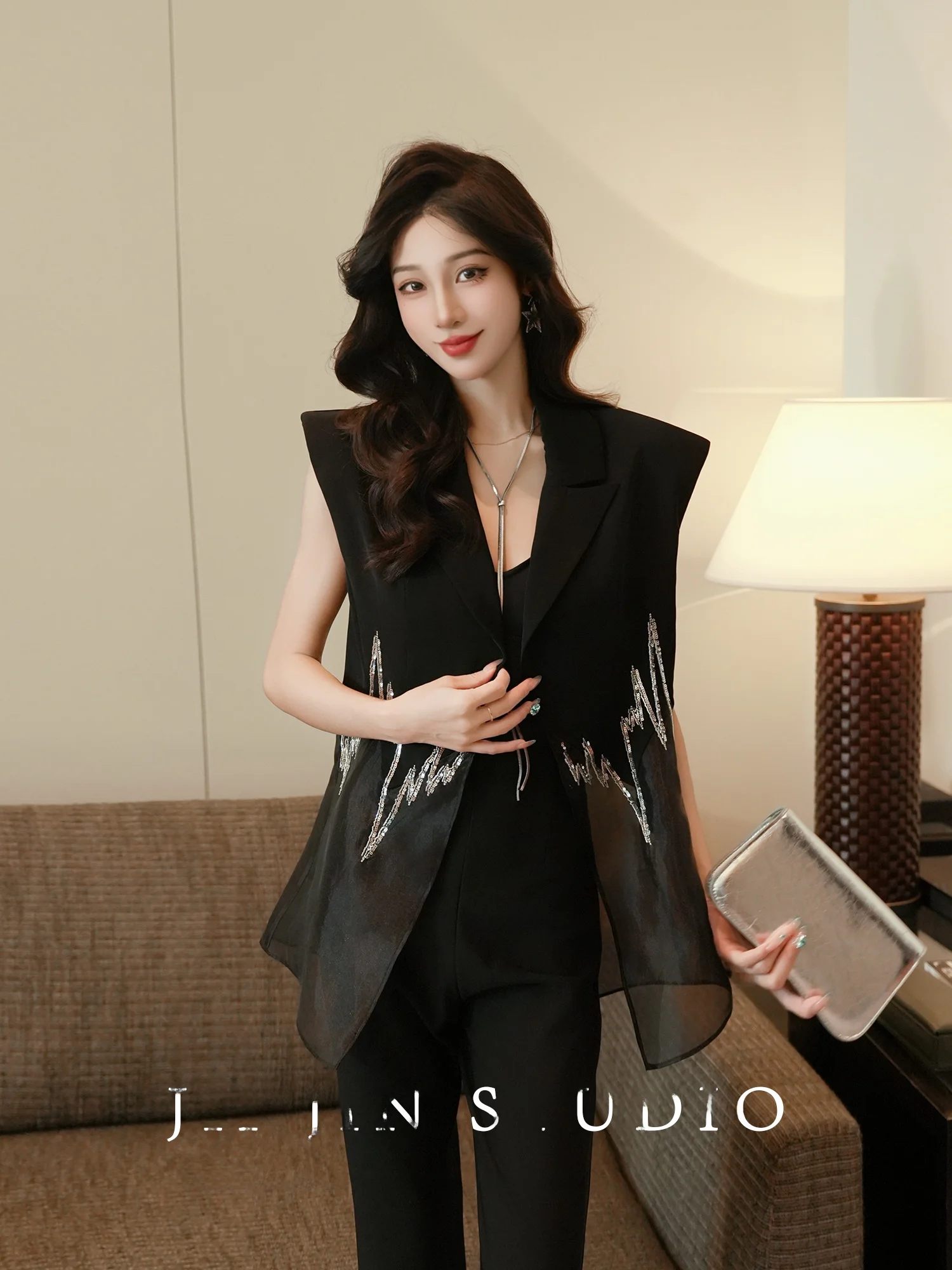 

MD Original Handmade iny Sequin Heavy Industry Magazine Sle Summer Slimming Top Women's Busin Casual Polyester Fiber