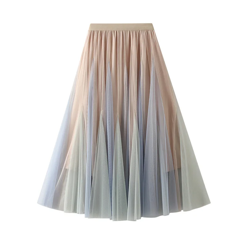 Double Layered Crotch Covered Gauze Skirt for Women, Fresh Mesh Fluffy Skirt, Spring Gradient Half Skirt, 2024