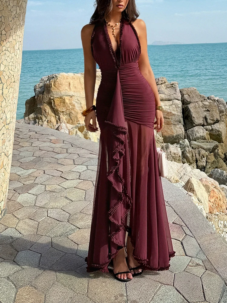 Vestido de noche elegante sin espalda y sin mangas para mujer, con cintura alta, diseño hueco, corte envolvente en la cadera, cuello en V sexy y volantes, ajustado.