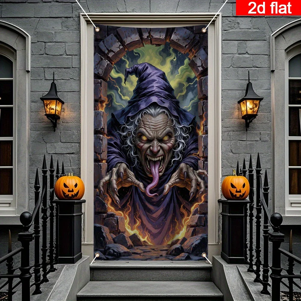 طائرة ثنائية الأبعاد، لافتة باب ثنائية الأبعاد، لافتة باب كبيرة للهالوين - ساحرة الشبح، ديكور منزلي مسكون على الطراز القوطي