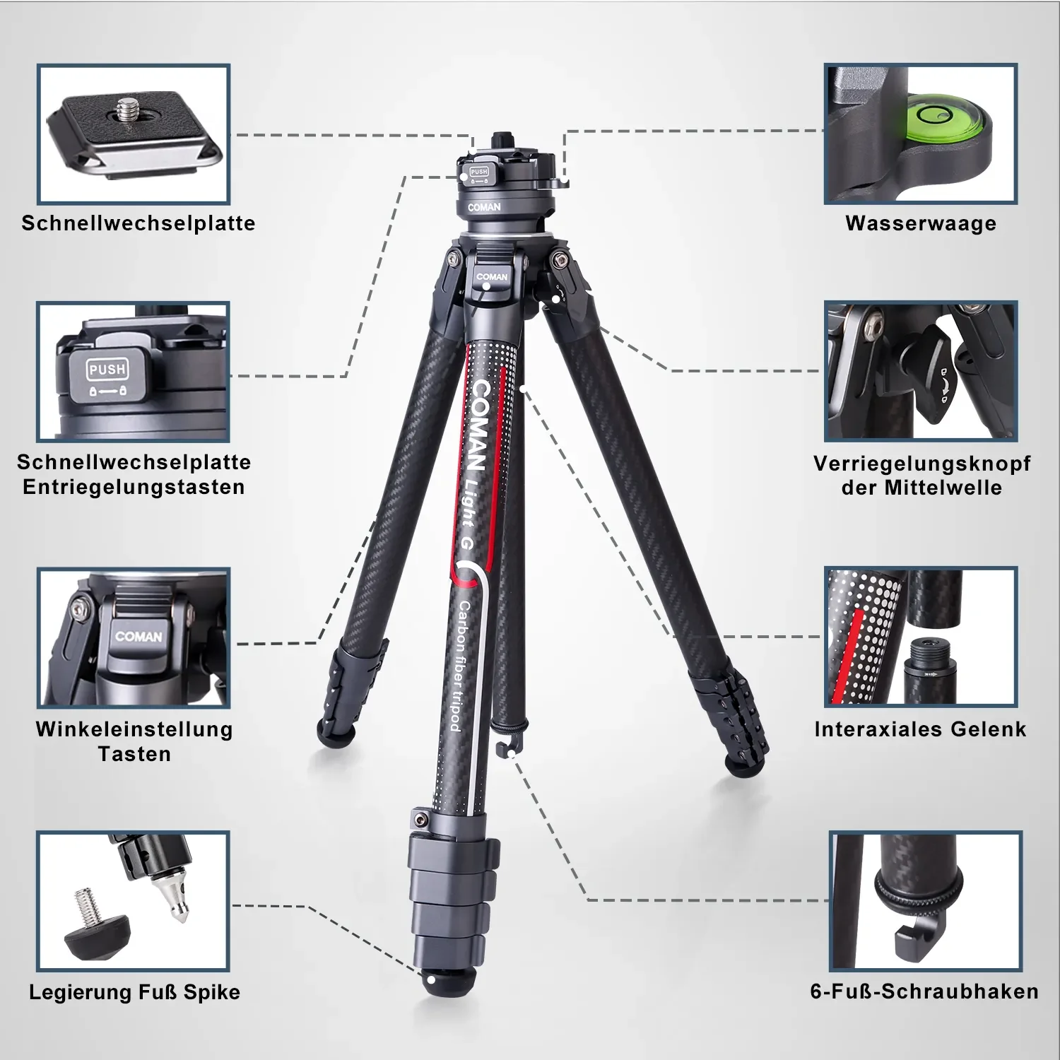 COMAN Light G Series Carbon Fiber Tripod Quick Arca Swiss Plate Ball Head Travel Tripod For Outdoor DSLR Camera Tripod Monopod