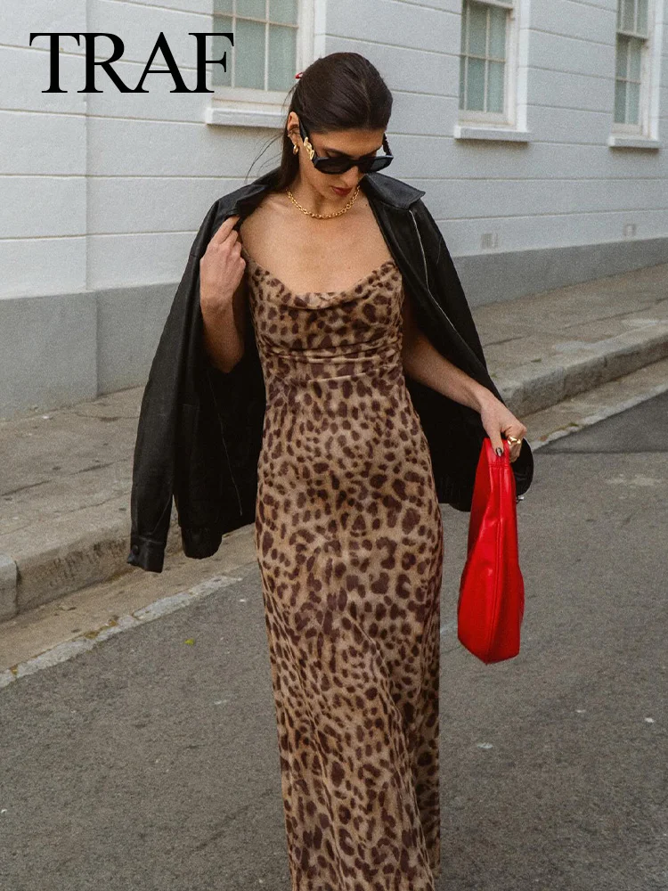 TRAF 2024 Woman Vintage Fashion Slim Beach Party Long Dress Women Leopard Printed Sleeveless Backless Suspender Dress Street