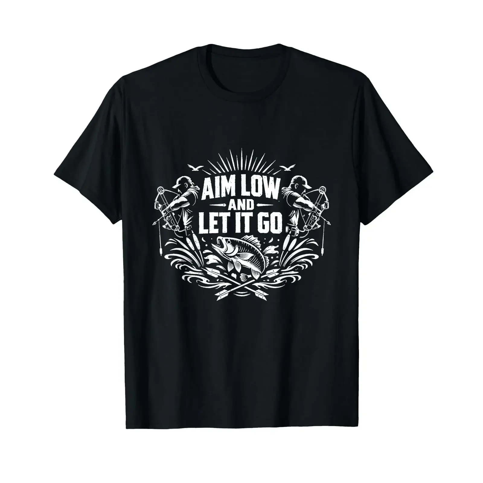 Bowhunters Aim Low and Let It Go Bowfishing Slogan T Shirt vintage Washed Soft Stretched Slightly Casual Breathable Stylish