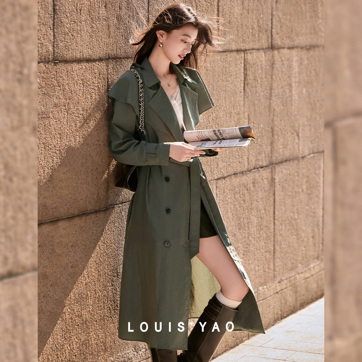 

LOUIS YAO Women's Trench Coat 2026 Autumn Solid Color Loose Long-Sleeve Shawl Collar Outerwear Casual Windbreaker