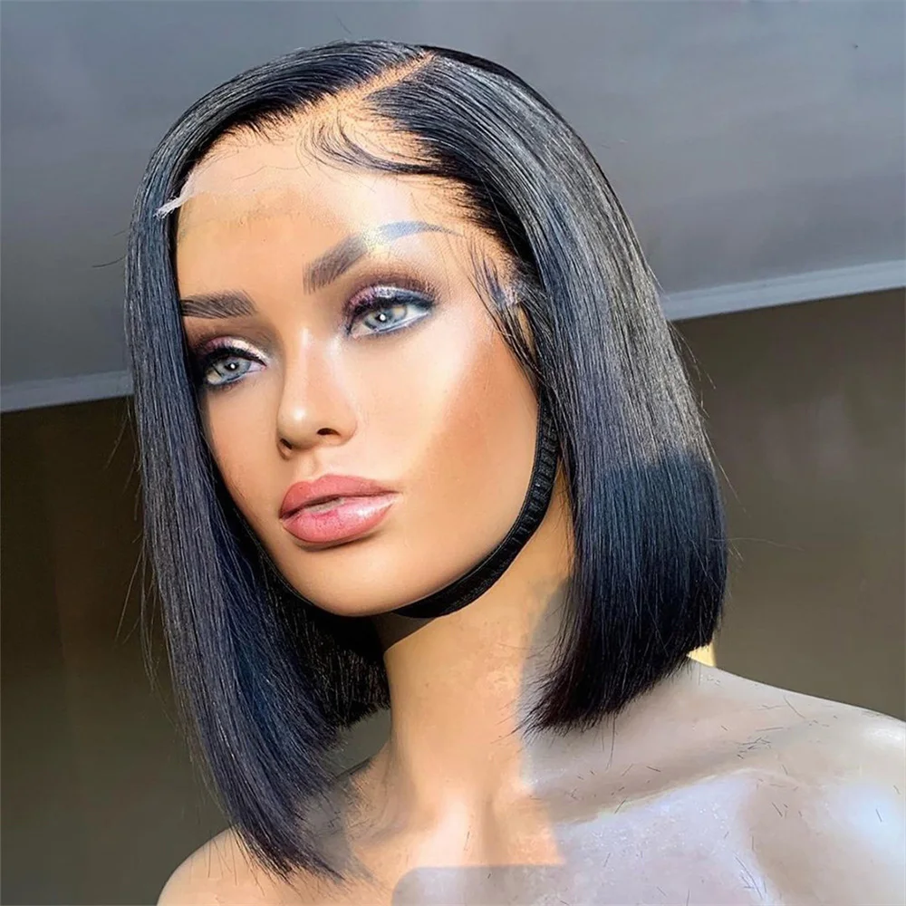 Seitlich geteilte Bob-Perücken, glattes Echthaar für schwarze Frauen, peruanische, vorgezupfte T-Part-Spitzenperücke, 10-12 Zoll kurze Bob-Perücke – Detail 10