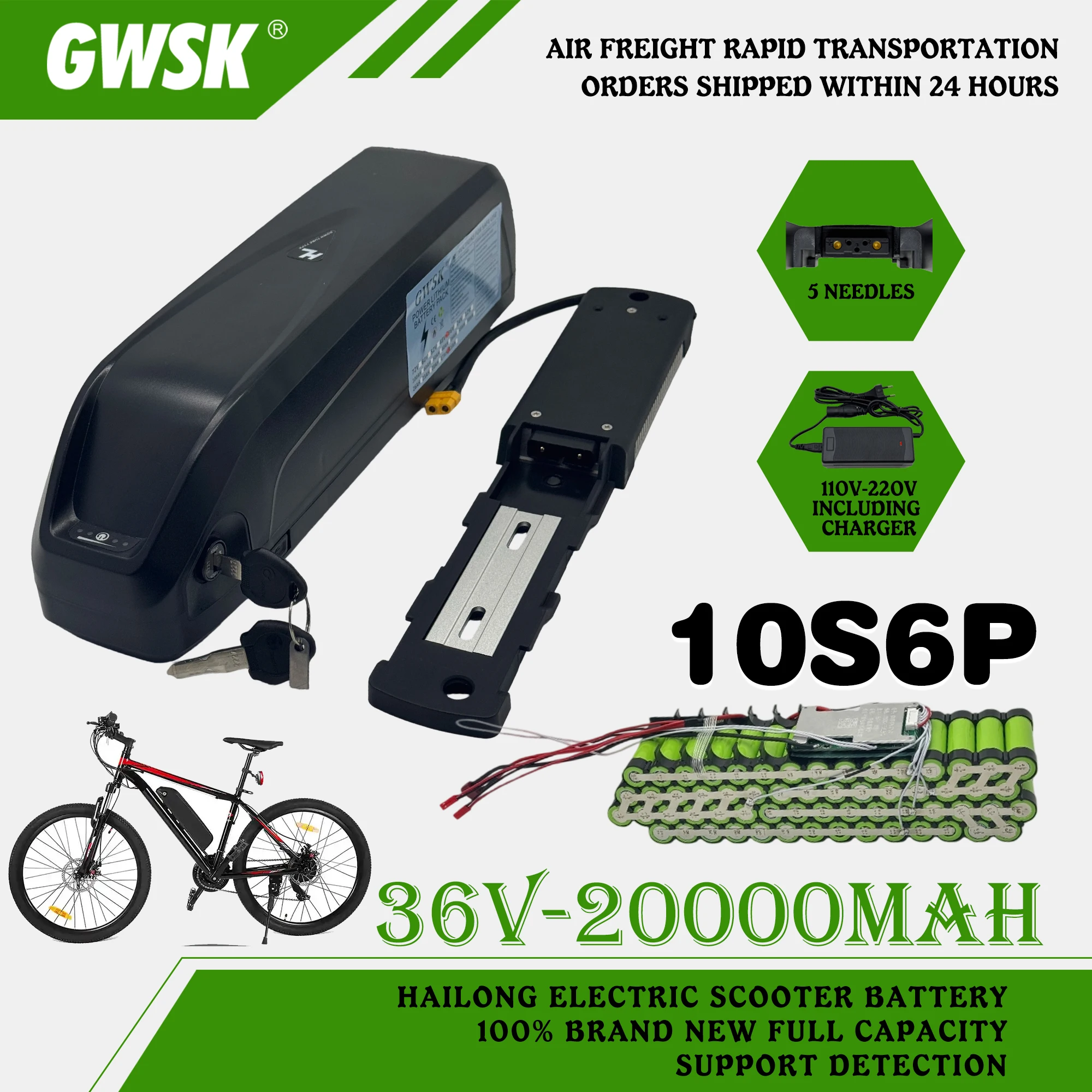 

GWSK， Full capacity 18650 Hailong 5-pin battery, 36V 20AH lithium battery pack, suitable for 250-3000W vehicles