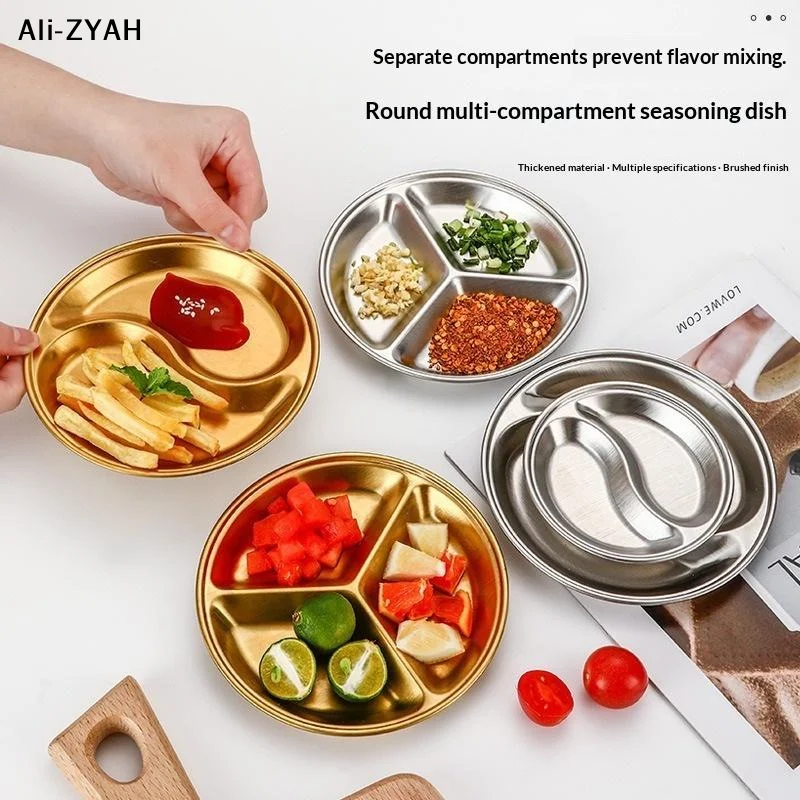 【Y】1Pc 2026 Stainless Steel Circular Divided Plate for Roast Meat Dipping Household Seasoning Snack Plate with Sauce Compartment