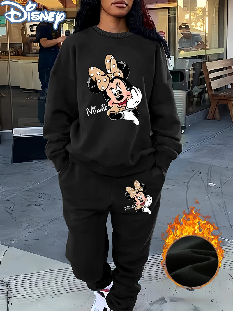 طقم سويت شيرت وسروال نسائي مكون من قطعتين من Potdemiel innie Mouse باللون الأسود مع فيونكة وردية مبطنة بالصوف، ملابس كاجوال للخريف/الشتاء #1