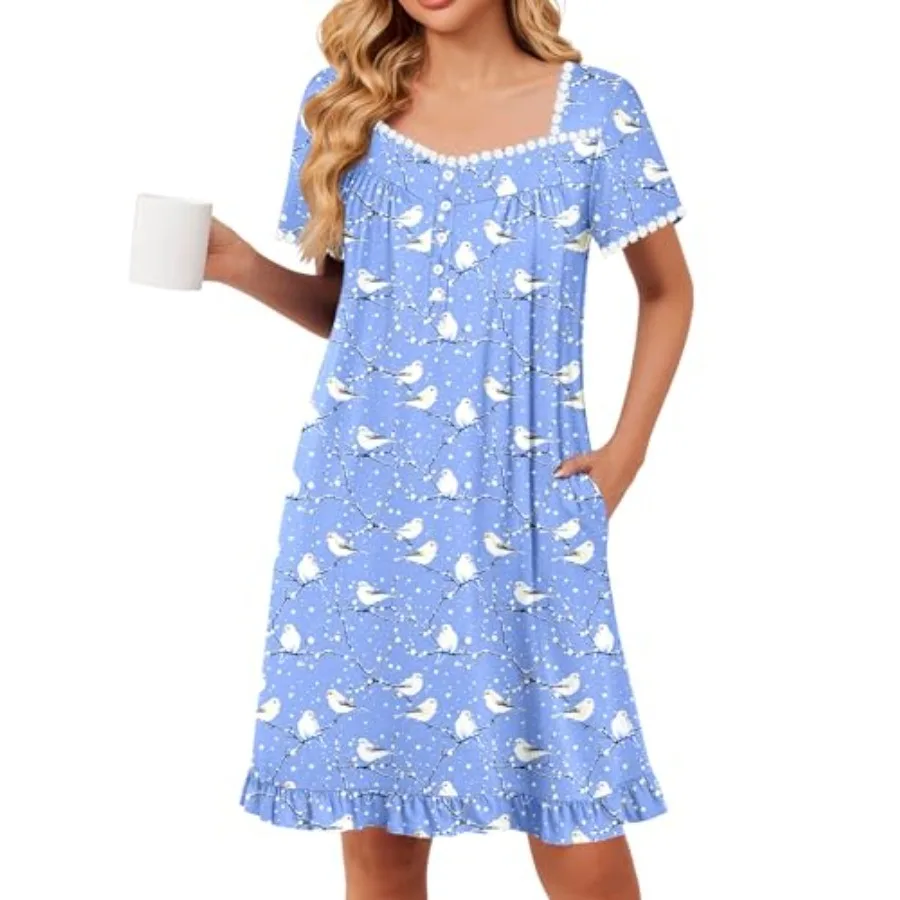 

Ekouaer Nightgowns for Women Lace Trim Sleep Shirts Short Sleeve Night Shirts With Pockets Night Gown Ruffled Sleep Dress