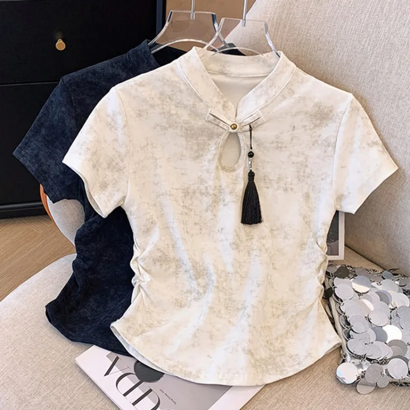 Retro T-shirts Women Summer Single Button Hollow Out Stand Neck Chinese Style Slim All-match Simple Short Pleated Fashion Cozy