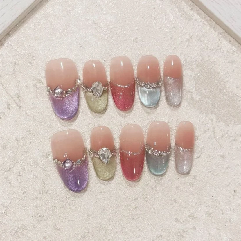 

10 шт., французские миндалевидные ногти ручной работы, накладные ногти «кошачий глаз», яркие цвета, носимые наклейки на ногти, накладные ногти