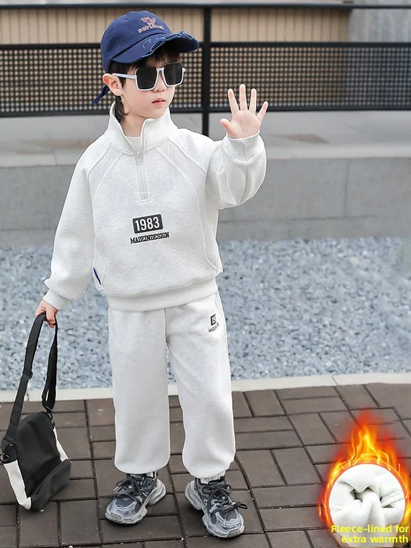 

Boys' Fleece Lined Hoodie And Pants Set Zipper Casual Sportswear Yellow Grey Autumn Winter Two Piece Set Teenage Boy Fashion
