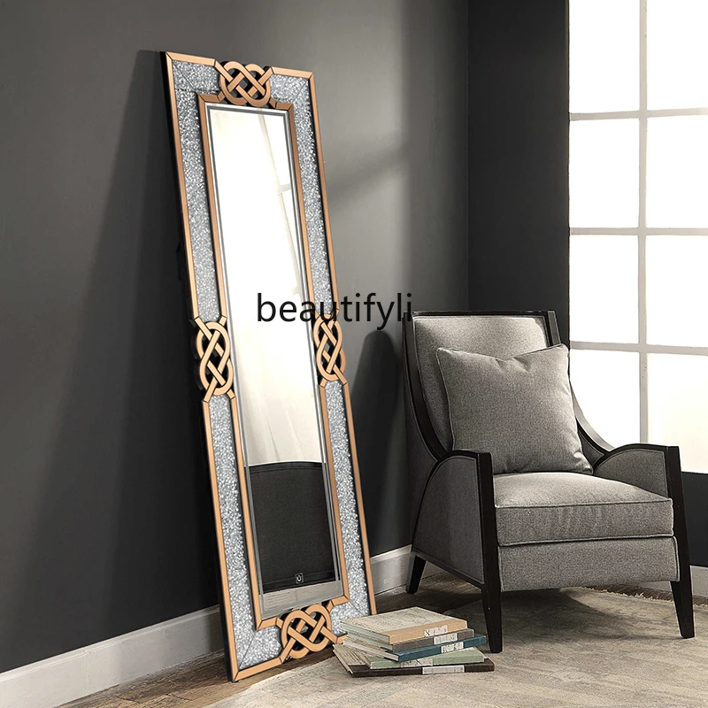 French Entry Lux Wind Floor Full-Length Mirror Household Entrance Wall Hanging Rhinestone Led Bedroom Full-Length Mirror