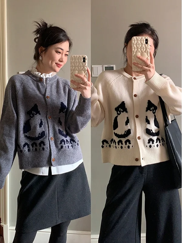 

Loose Korean Sle Pattern Open Cardigan Sweater oulder Sve Insert 00 Pure Wool Autumn Winter New Arrival Women's C...