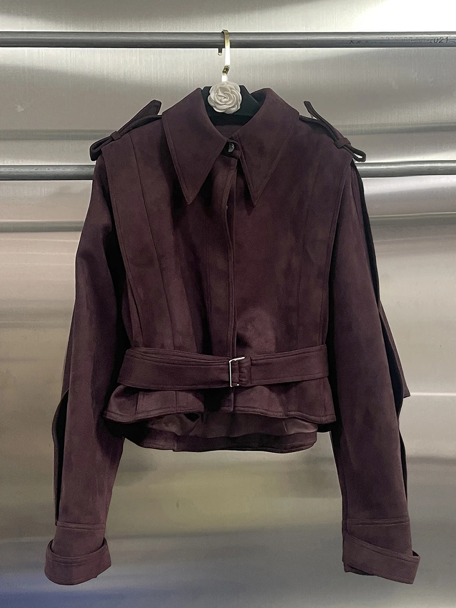 GALCAUR コーヒースプライスサッシュシックジャケット女性ラペル長袖ルーズヴィンテージストリートウェア女性のジャケット秋スタイルファッション