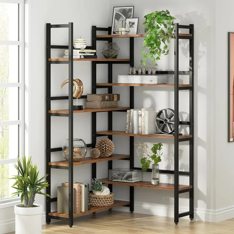 

70.8” Corner Bookshelf, 8-Tier Industrial Bookcase with Metal Frame for Open Storage, Corner Display Rack Storage