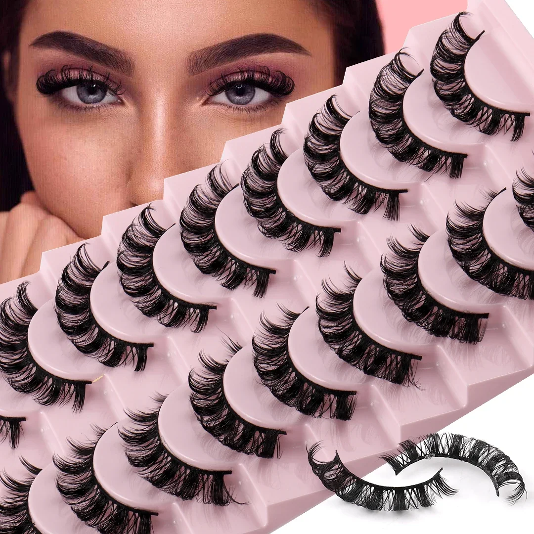 10 Pairs Russian Strip Lashes DD Curl False Eyelashes Fluffy Wispy Faux Mink Lashes Pack