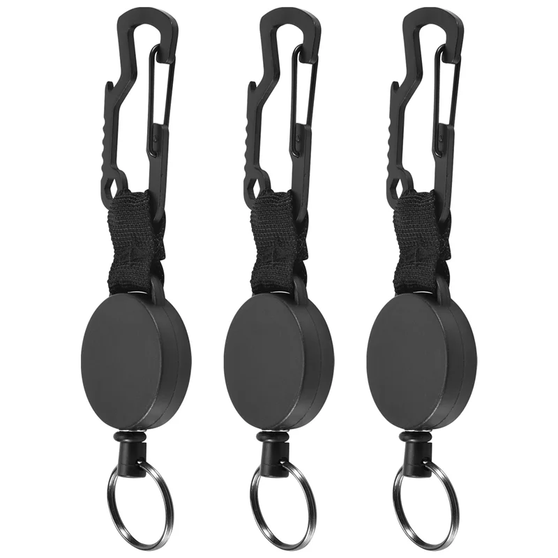 N93R 3 Pack Retractable Keychain - Heavy Duty Badge Holder Reel With Multitool Carabiner Clip,Key Ring With Steel Wire Cord Up T