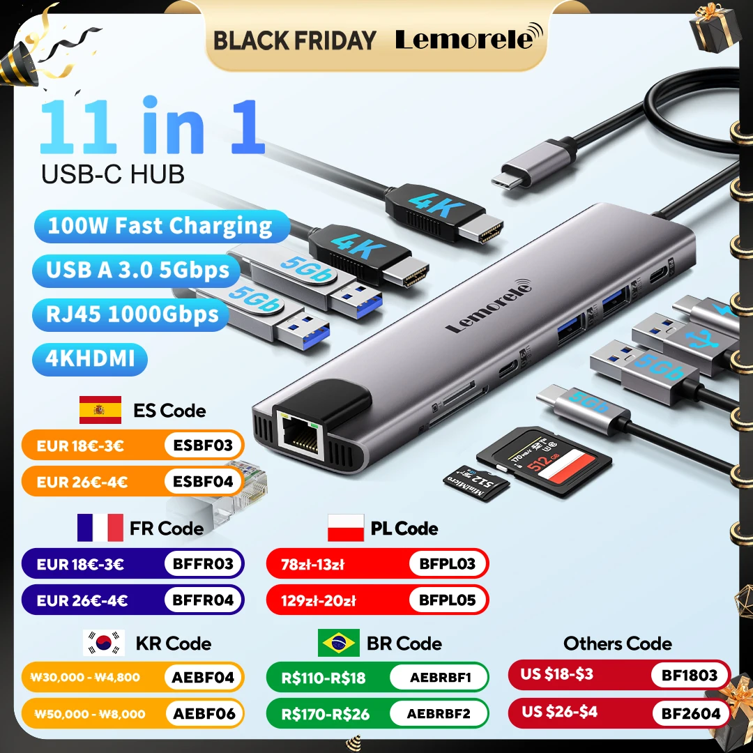 

USB-концентратор Lemorele 11 в 1, 4K, HDMI, Type-C, 100 Вт, PD RJ45, 480 Мбит/с