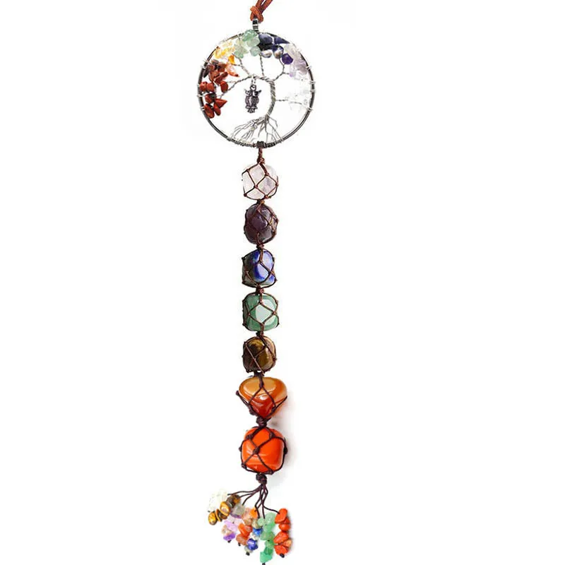 Natural Stone Tree Of Life 7 Colored Stone Car Hanging Handwoven Crystal Power Stone Chakra Indoor Decorative Ornament