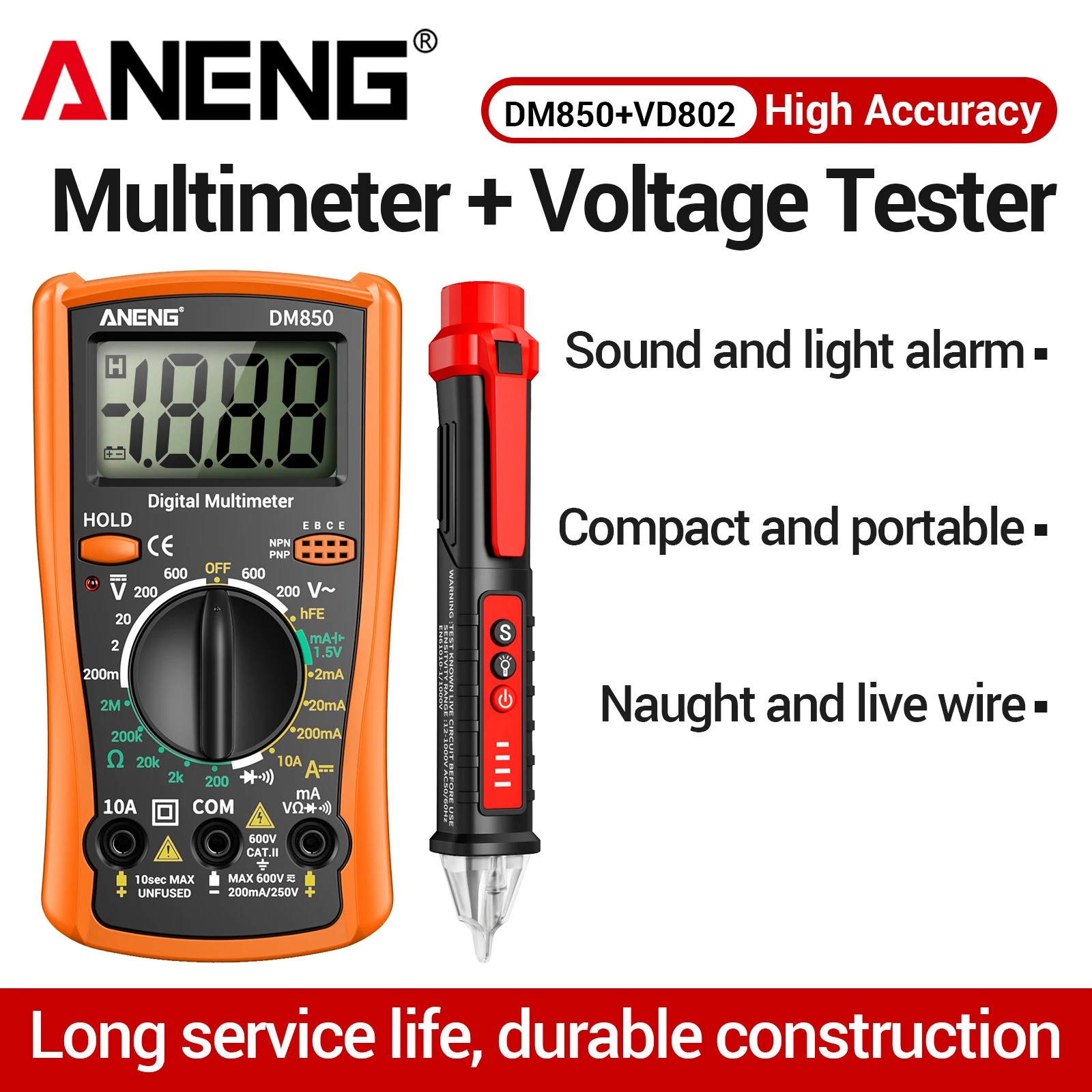 ANENG DM850 high-precision multimeter+VD802 induction tester for AC/DC measurement and identification of neutral and live wires