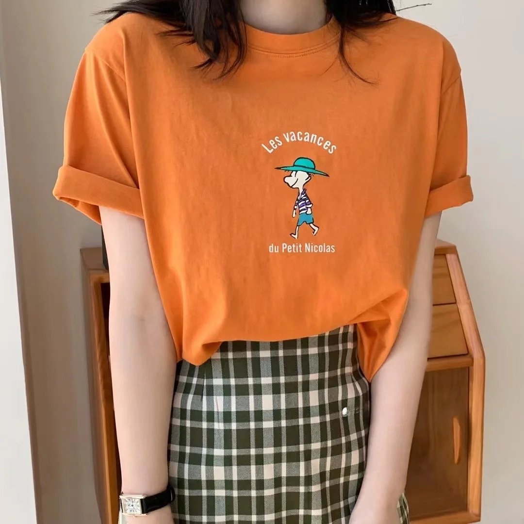 تي شيرت نسائي فضفاض برقبة مستديرة وأكمام قصيرة من القطن الخالص مع طباعة كرتونية على الطراز الكوري للفتيات ذوات المقاسات الكبيرة