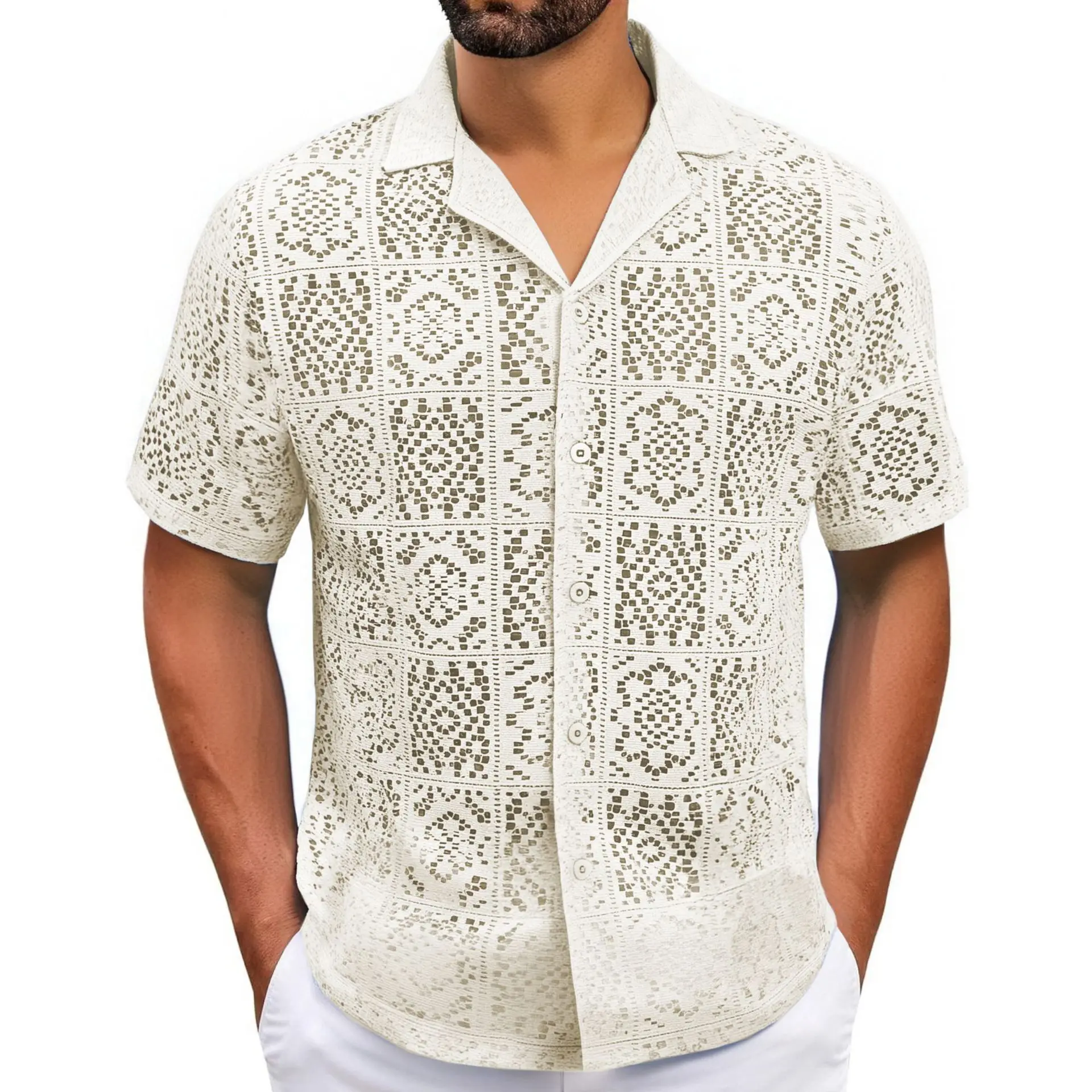 2025 New Men's Polyester Hollow Out Shirt Summer Casual Short Sleeve Button-Down Collar Breathable Loose Fit Trendy Blouse