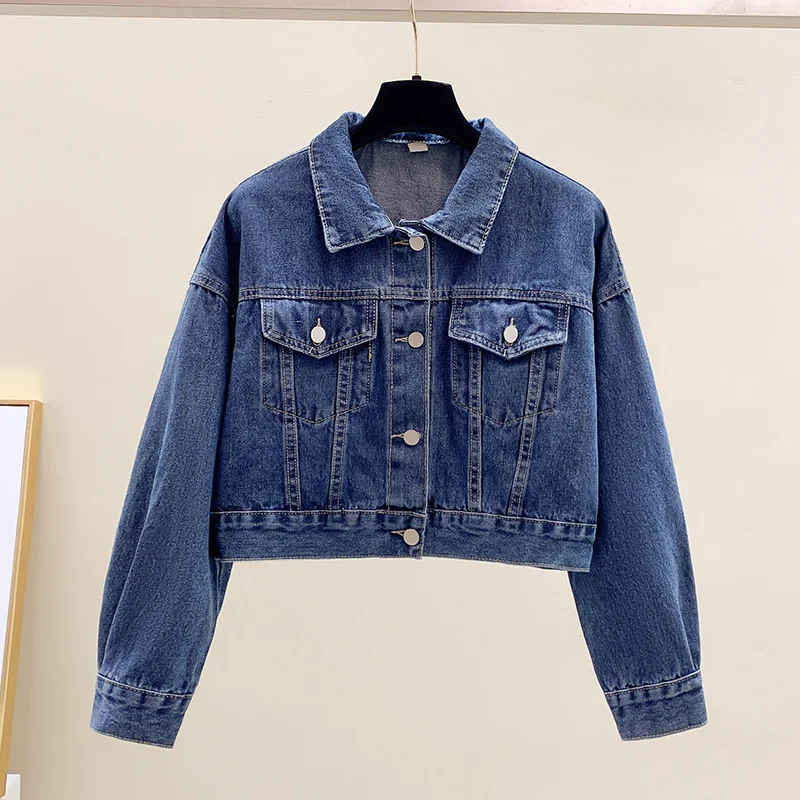 

Vintage Dark Blue Long Sleeve Denim Jacket Coat Women Loose Short Cowboy Outerwear Spring Autumn Big Pocket Jeans Jacket Female